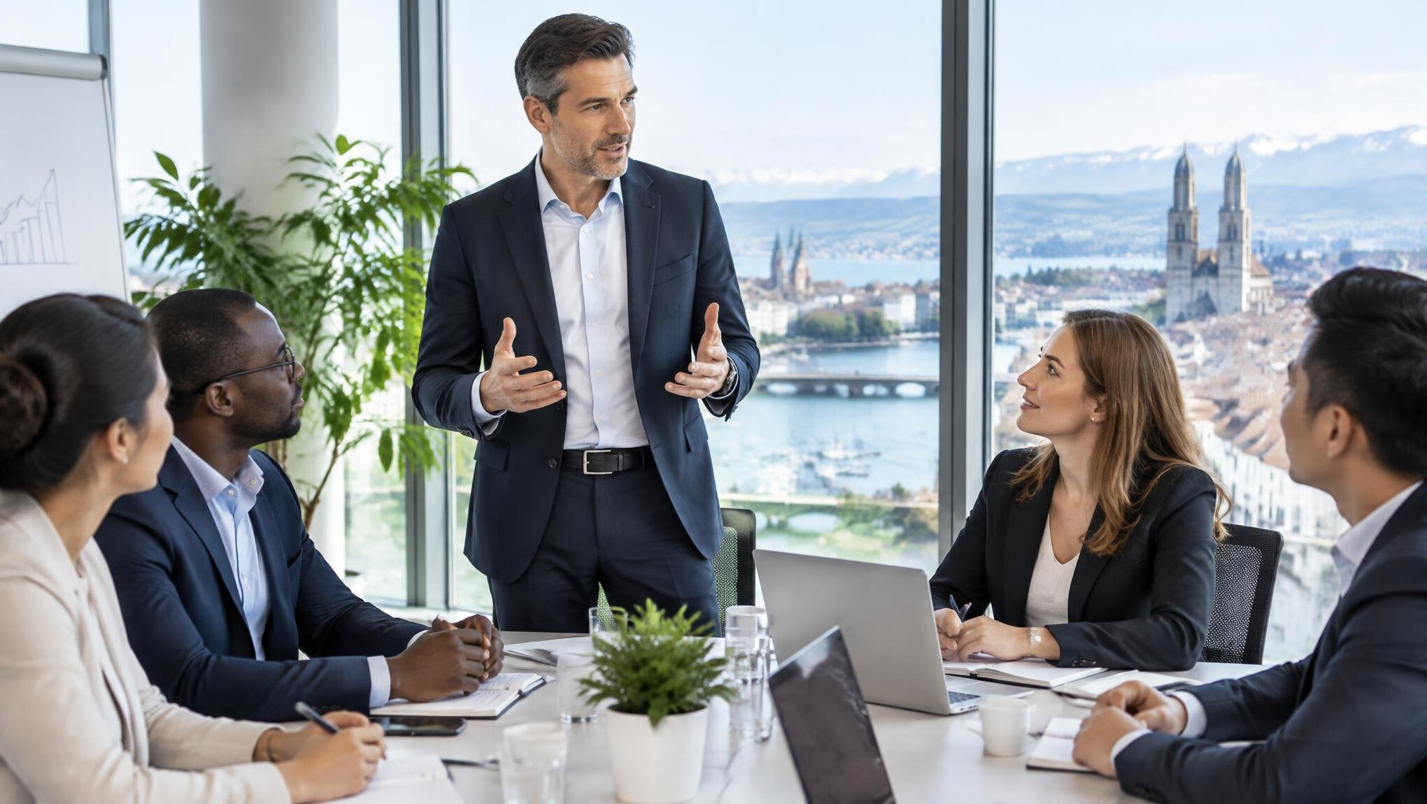 Business manager leading a team meeting in a modern office
