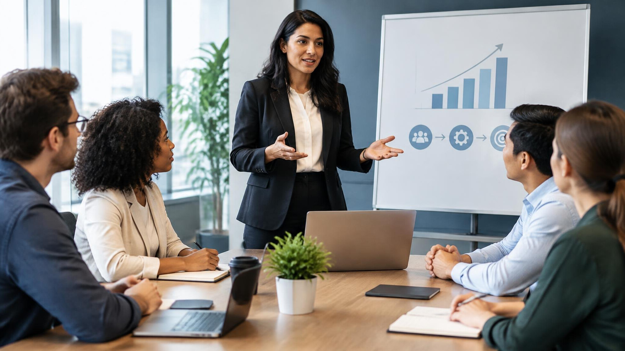 business manager leading team meeting