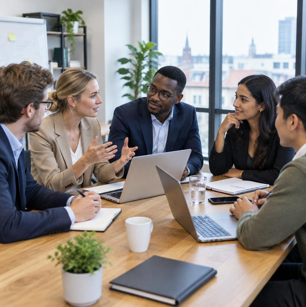 Team of colleagues discussing ideas around a table