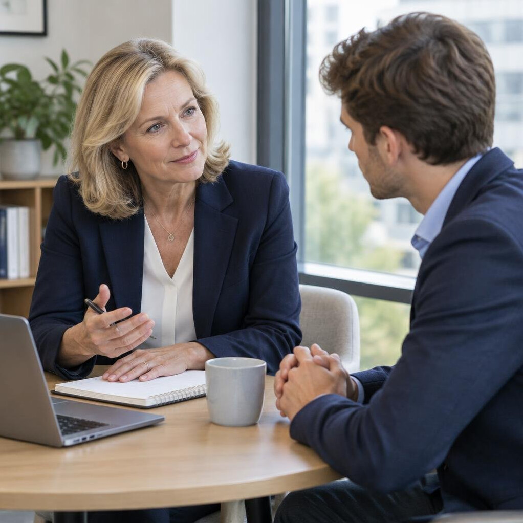 Two colleagues having a focused one-on-one conversation