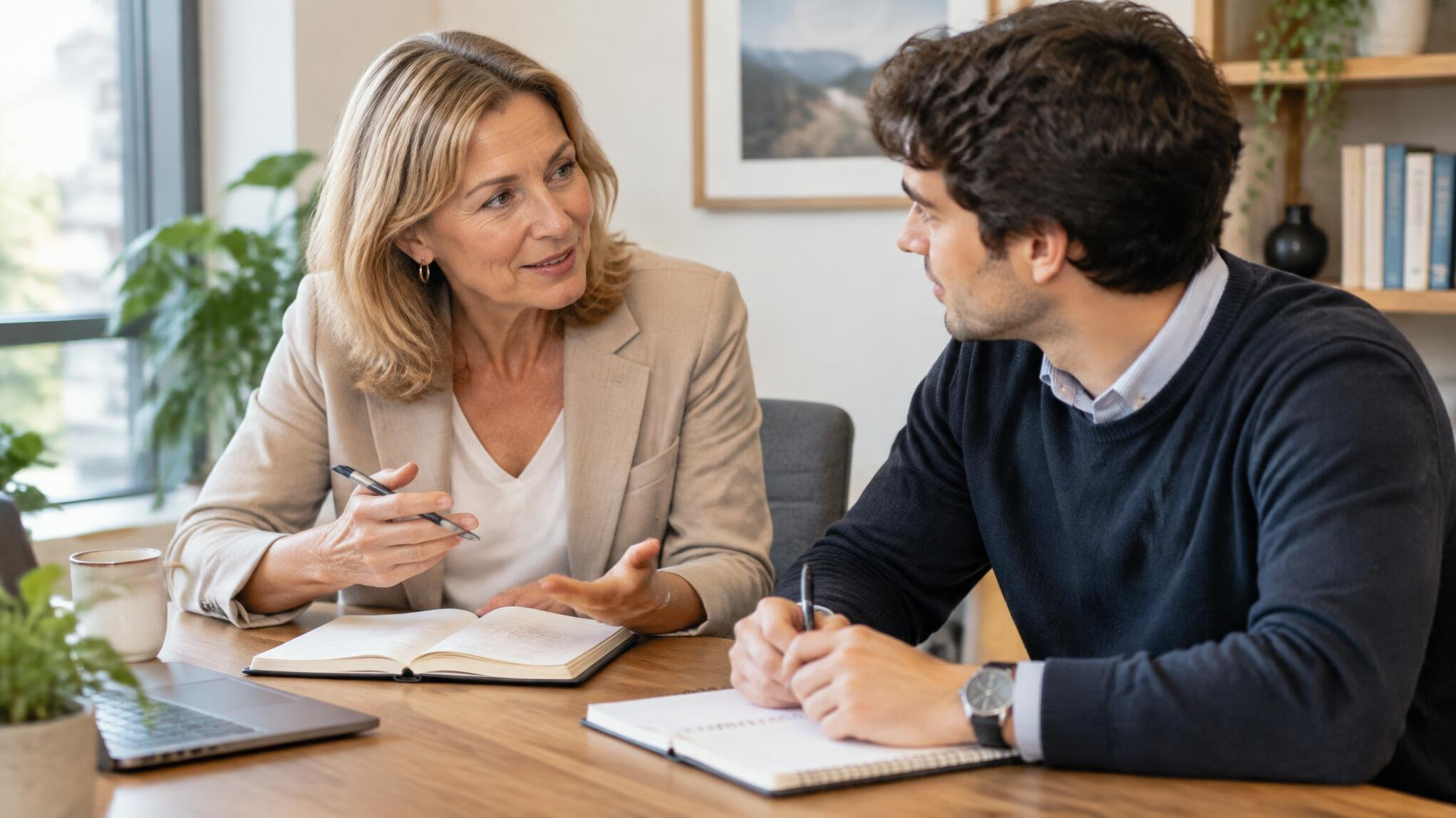 Manager mentoring a colleague in a one-on-one conversation