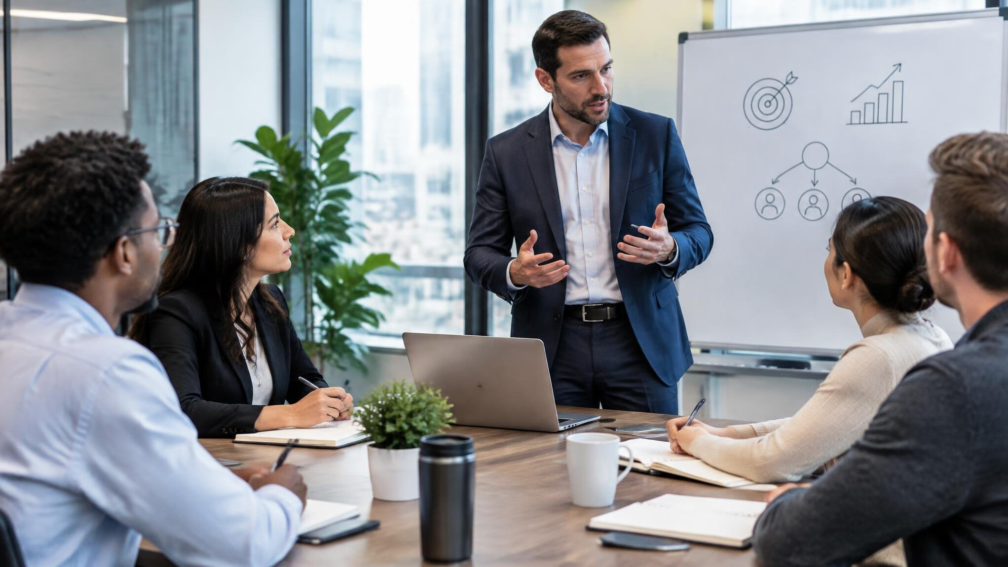 business manager leading team meeting