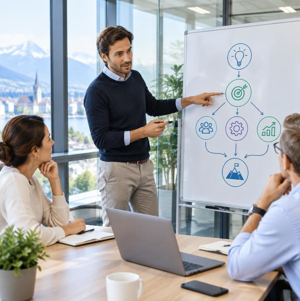 Manager presenting a strategy on a whiteboard