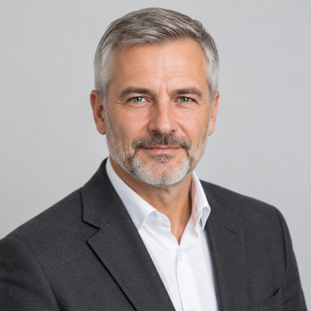 Studio portrait of a middle-aged European man with gray hair