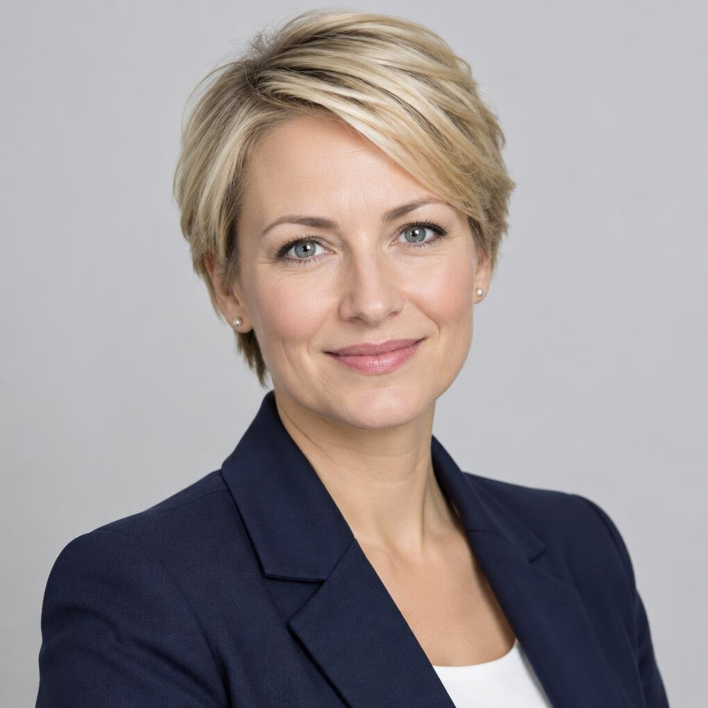 Studio portrait of a European woman with short blonde hair