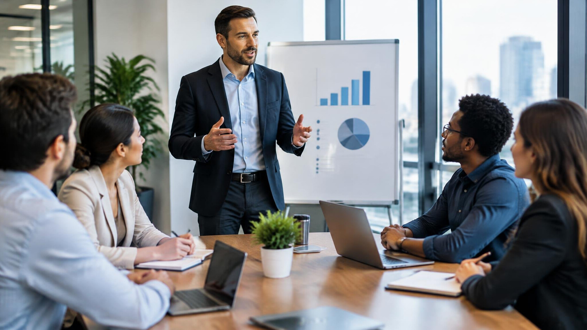 business manager leading team meeting